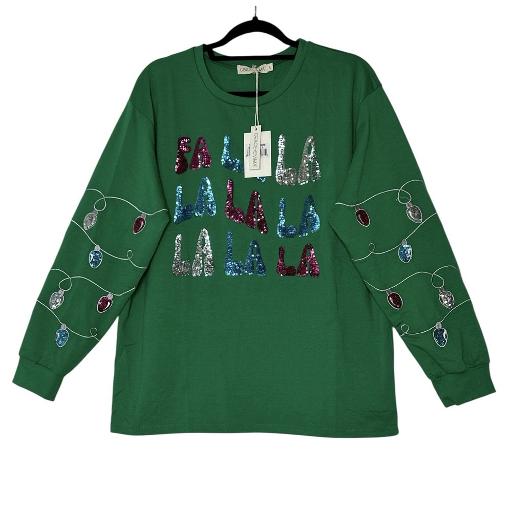 GRACE EMMA Christmas Sweatshirt Top Women's Large Ugly Sweater‎ FA LA LA NEW